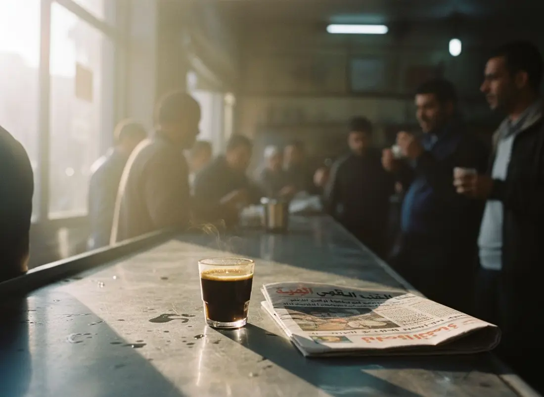Un café et un journal sur un comptoir d'Alger
