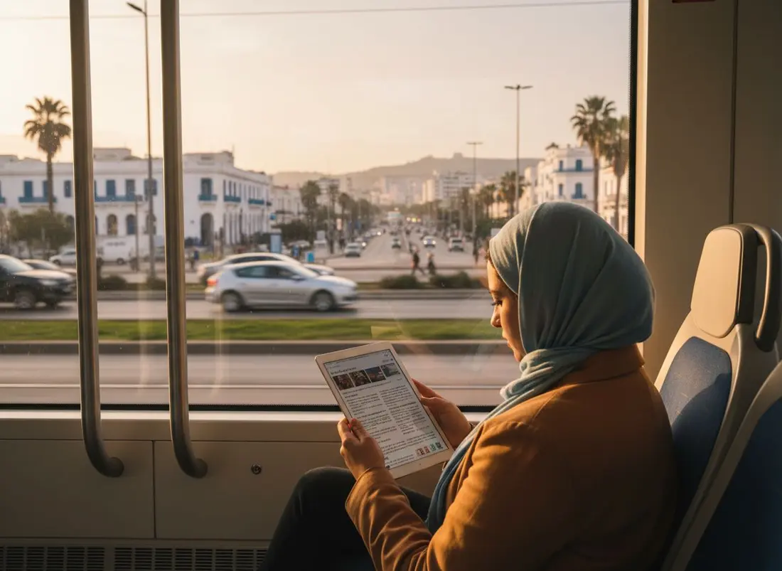 Une lectrice dans le tramway d'Alger, le magazine sur sa tablette