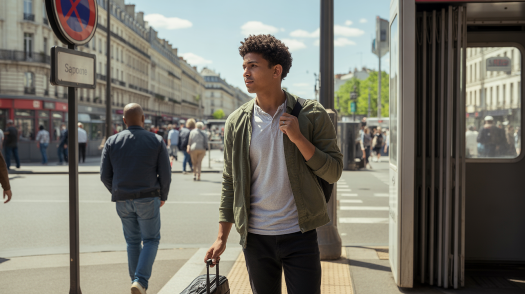 Jeune homme algérien arrivant en France, debout près d’un panneau frontalier ou d’une gare française, regardant le paysage urbain authentique et lumineux.